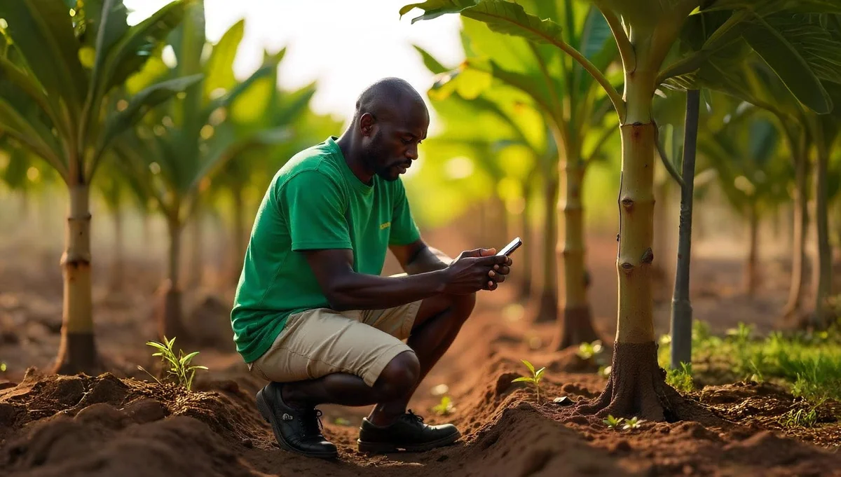 Agriculteur accroupi dans une plantation de bananiers, consultant son téléphone au milieu des jeunes plants