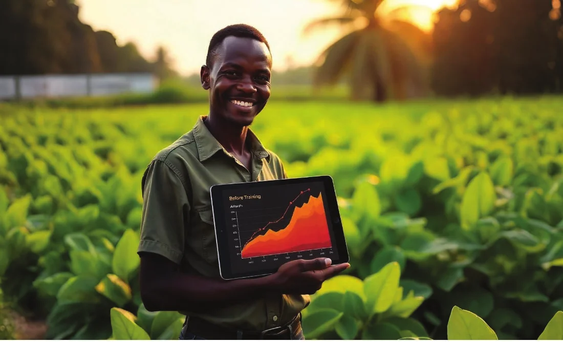 Agriculteur souriant dans un champ au coucher du soleil, présentant une courbe de croissance sur une tablette